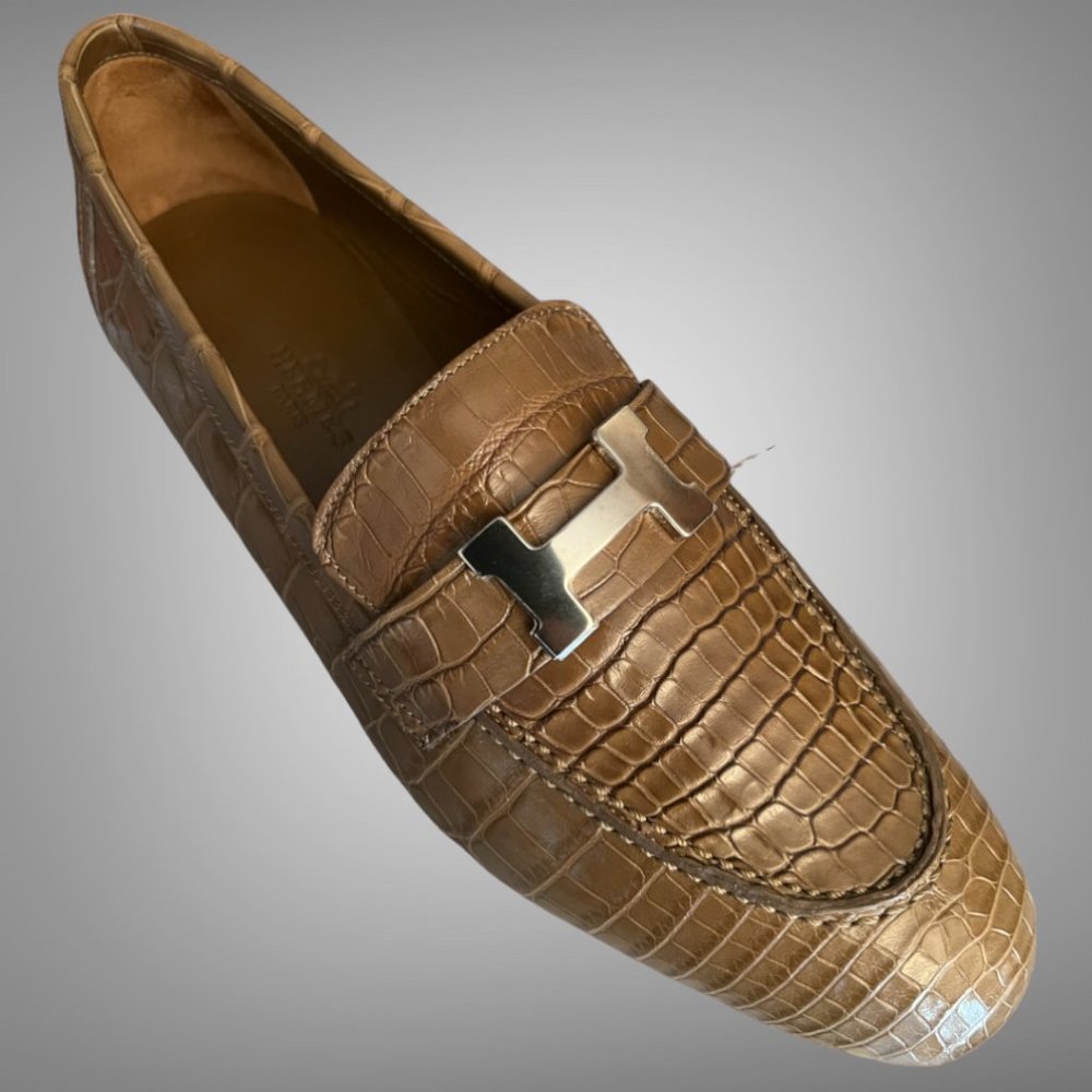 Hermes Shiny Taupe Niloticus Crocodile Signature H Paris Loafer EU size 37 Shoe - Picture 10 of 10